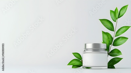 atural Skincare Product with Green Leaf, Generative AI. photo