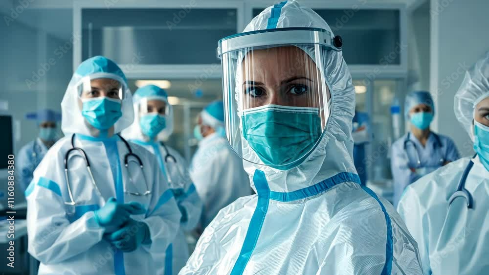 Female doctor surgeon in surgical mask and cap, standing with medical team in operating room, prepared for surgery close up shot group of workers portrait in hospital