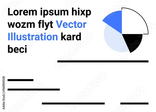 Pie chart in black, white, and blue, placeholder text, and horizontal lines create a clean, professional layout. Ideal for business presentations, infographics, reports, dashboards, websites