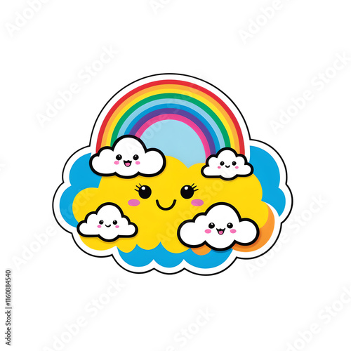 Stunning Kawaii Rainbow Sticker with Clouds on White Background photo