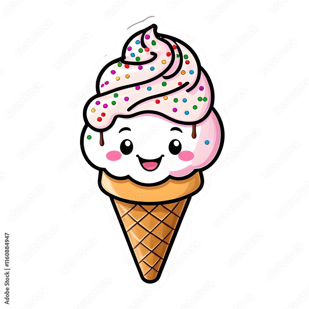 Sticker: Kawaii Smiling Ice Cream Cone with Sprinkles on White Background Sticker: Kawaii Smiling Ice Cream Cone with Sprinkles on White Background