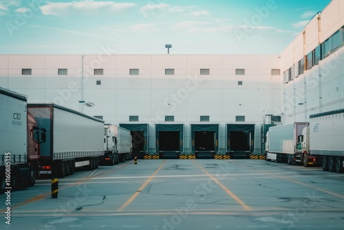 Large warehouse loading dock with multiple trucks.