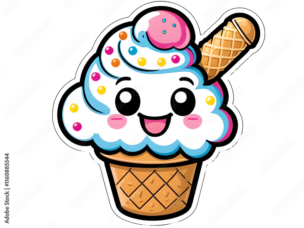 Kawaii Smiling Ice Cream Cone Sticker with Sprinkles on White Background Kawaii Smiling Ice Cream Cone Sticker with Sprinkles on White Background