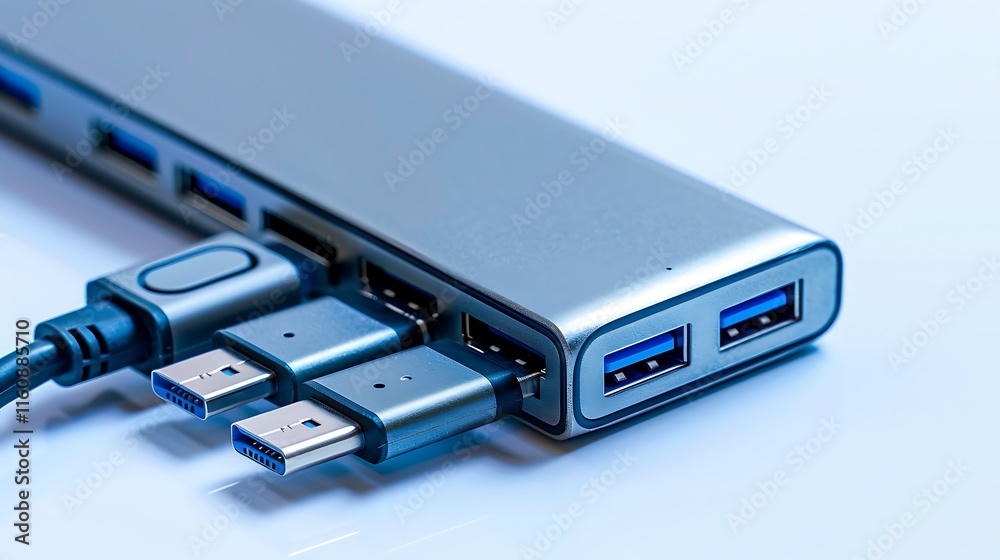 A USB-C docking station with multiple ports, isolated on white. A USB-C docking station with multiple ports, isolated on white.