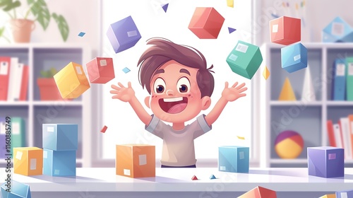 Happy boy playing with colorful blocks.