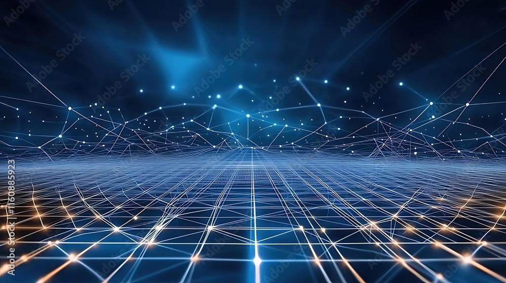 Abstract digital network connection, glowing lines and nodes forming a grid. Abstract digital network connection, glowing lines and nodes forming a grid.