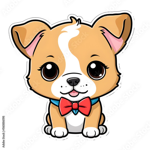 Adorable Kawaii Puppy Sticker with Bowtie: Contour Vector Design on White Background