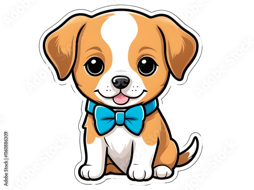 Cute Puppy Sticker with Bowtie: Kawaii Contour Vector on White Background