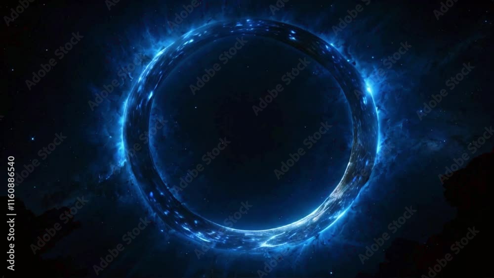 A massive portal floating in deep space, radiating brilliant blue energy against a black void filled with distant, Japanese anime-style 4k lofi hip-hop bites landscape music background animation video