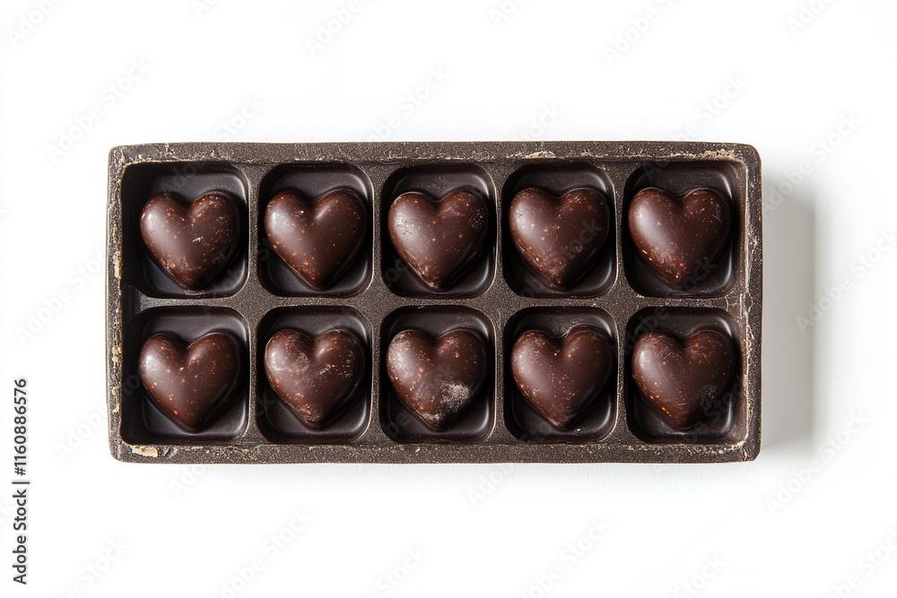 Top view of a set of heart-shaped chocolates in a box, isolated on a white background, detailed photograph - Perfect for Valentine's Day or gift presentations Top view of a set of heart-shaped chocolates in a box, isolated on a white background, detailed photograph - Perfect for Valentine's Day or gift presentations