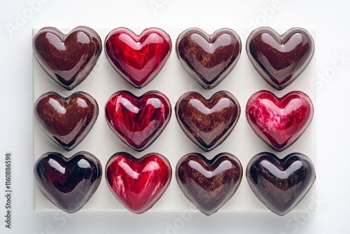 Top view of heart-shaped chocolates in a box, isolated on a white background, detailed photograph - Perfect for Valentine's Day or gift presentations photo