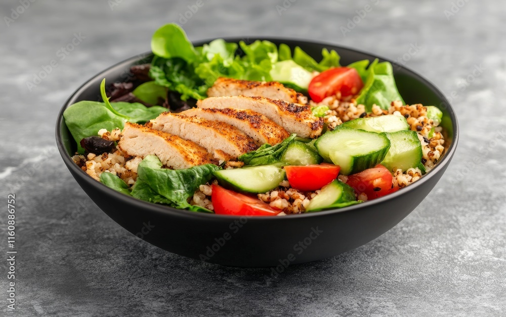 Protein packed chicken salad with quinoa, cucumbers, and cherry tomatoes in a black bowl, perfect for balanced diets and fitness meal plans Protein packed chicken salad with quinoa, cucumbers, and cherry tomatoes in a black bowl, perfect for balanced diets and fitness meal plans