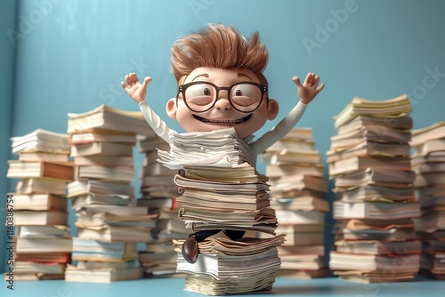 Happy cartoon boy amidst stacks of books and papers.