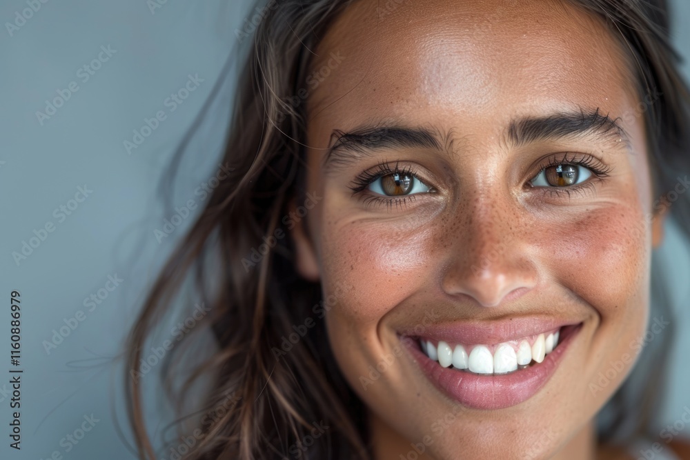 Close up of smiling young Latin woman on grey background. Close up of smiling young Latin woman on grey background.