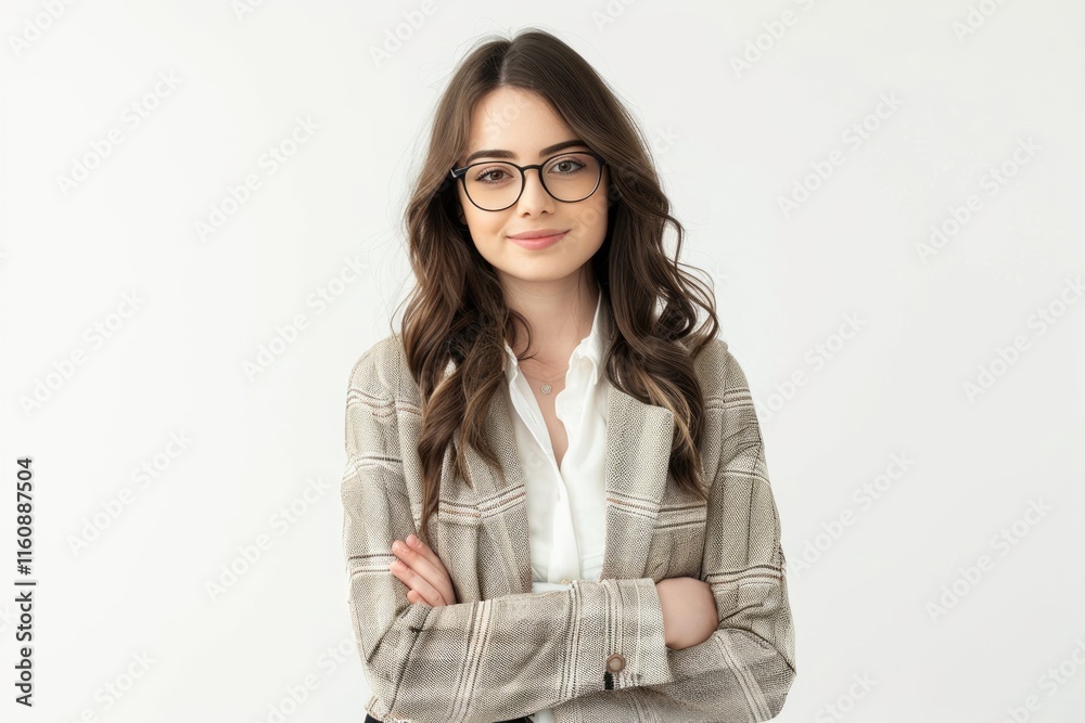 Smiling woman in glasses and jacket posing for portrait. Smiling woman in glasses and jacket posing for portrait.