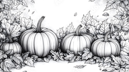 Coloring Page Highlighting Autumn Pumpkins With Elegant Falling Leaves Background photo