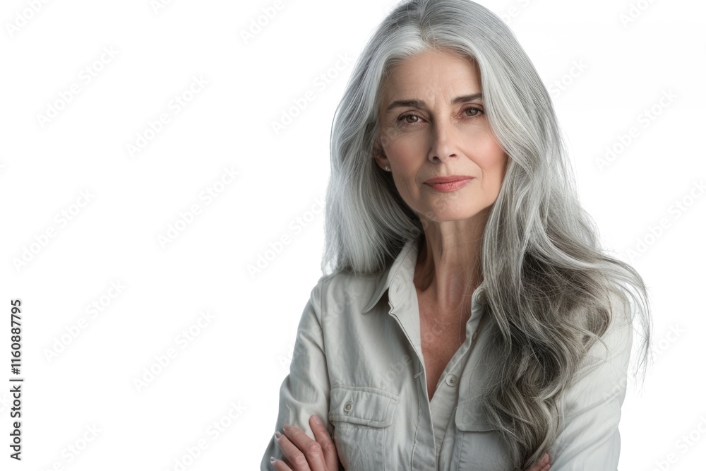 Mature woman in office attire with long gray hair. Mature woman in office attire with long gray hair.