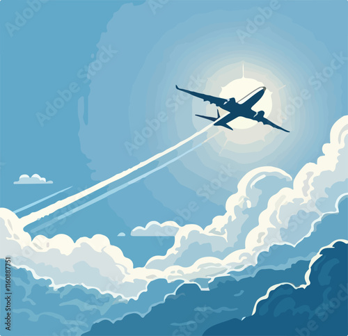 Print Air plane flies in the blue sky above the clouds, leaving trail behind it. 