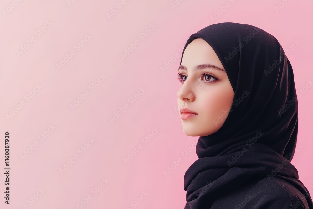 Young woman in hijab isolated on light pink background, detailed photograph for social media or editorial use Young woman in hijab isolated on light pink background, detailed photograph for social media or editorial use