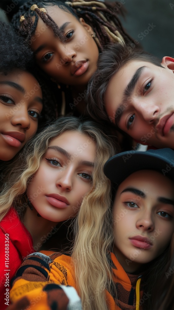 Group of young social creators, multi gender, multi-ethnic, all look to viewer, taking a selfie Group of young social creators, multi gender, multi-ethnic, all look to viewer, taking a selfie