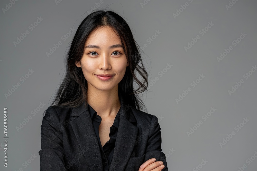 Pleased asian business woman with crossed arms looking at the camera over gray background Pleased asian business woman with crossed arms looking at the camera over gray background