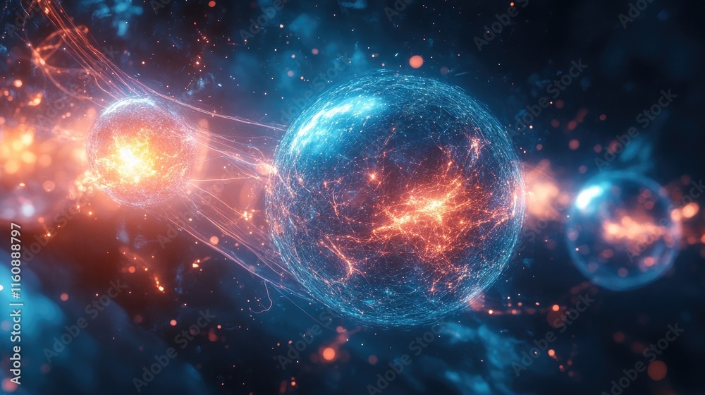 Obraz premium Cosmic spheres collide, illuminating dark space with vibrant ene