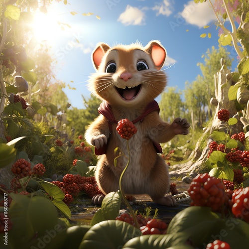 Happy cartoon squirrel in forest.
