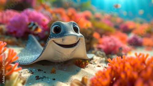 Happy cartoon stingray in vibrant coral reef.