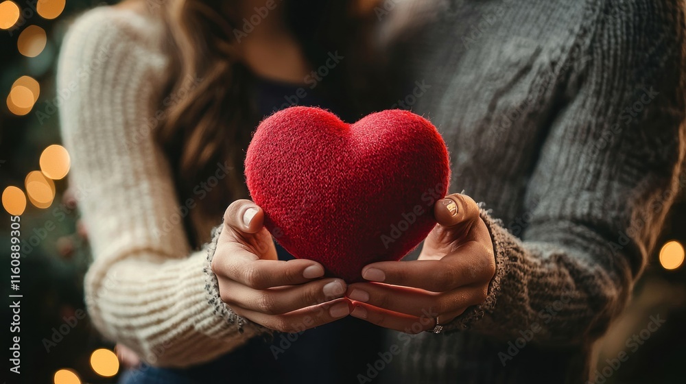 Couple Embracing Togetherness While Holding a Soft Plush Heart Symbolizing Love and Affection in a Cozy Setting with Warm Holiday Lights in the Background Couple Embracing Togetherness While Holding a Soft Plush Heart Symbolizing Love and Affection in a Cozy Setting with Warm Holiday Lights in the Background
