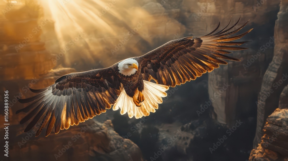 Fototapeta premium Majestic Eagle Soaring Through Sunrise Mountains