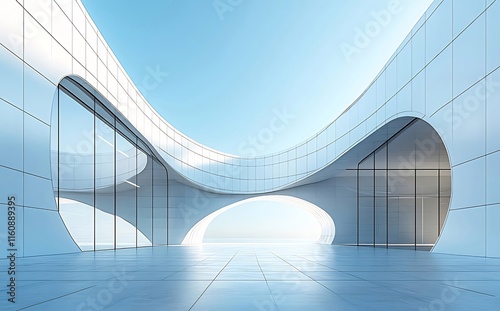 Modern white building with curved walls, glass windows, and open courtyard under a bright blue sky.