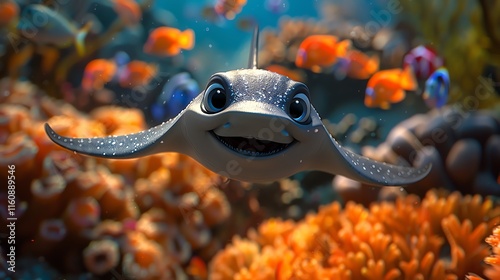 Happy cartoon stingray swimming in vibrant coral reef.