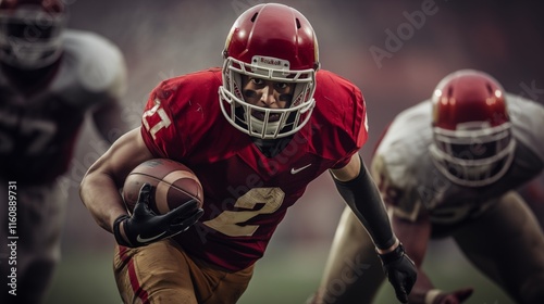 A football player in action during a game, soft natural light, empty space on the right for text,generative ai illustration