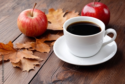 photo of the fallen leaves, apples and white cup of coffee on the brown wooden background wwith generative ai photo