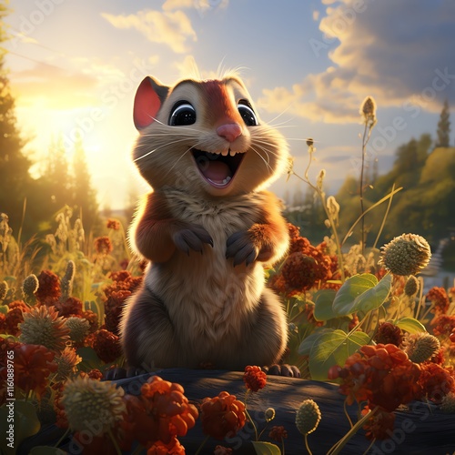 Happy chipmunk in sunset meadow.