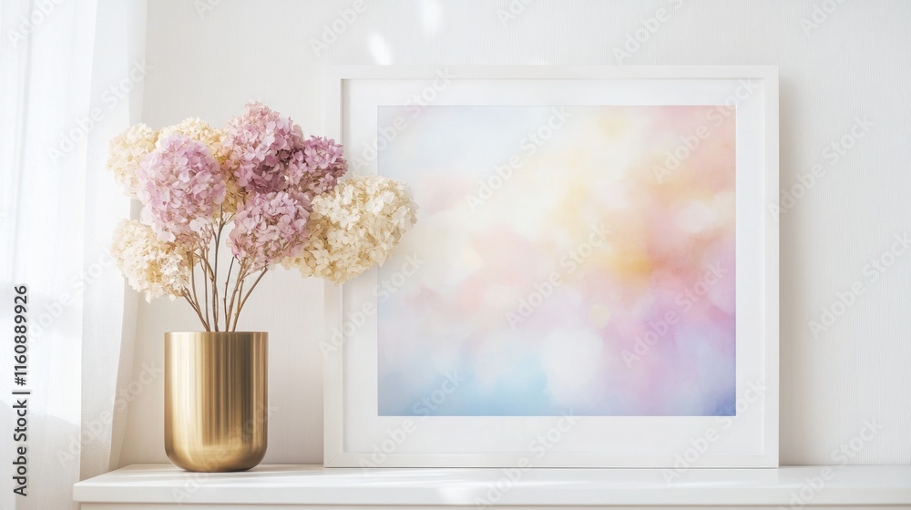 Pastel hydrangeas in gold vase beside framed abstract art. Pastel hydrangeas in gold vase beside framed abstract art.