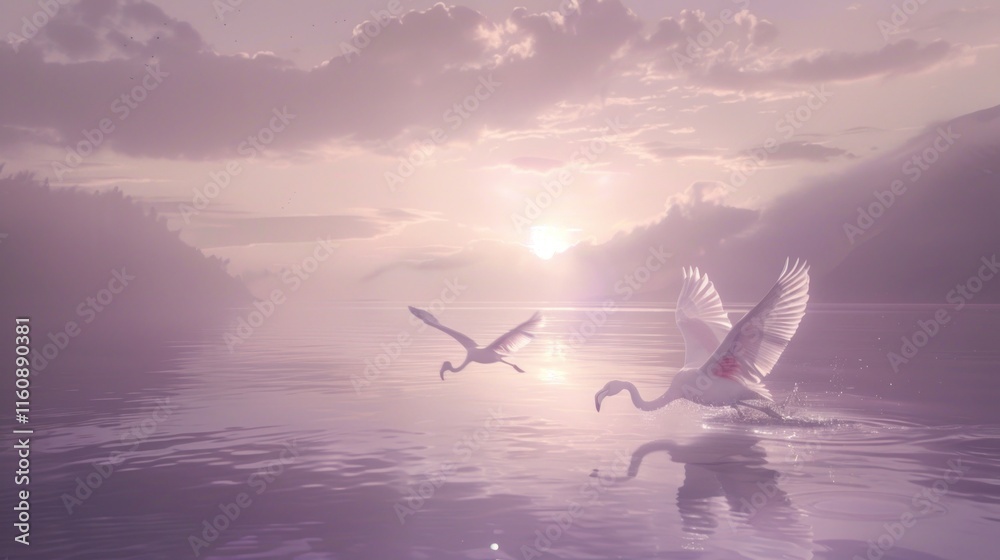 Obraz premium Two flamingos taking flight over a calm lake at sunrise.