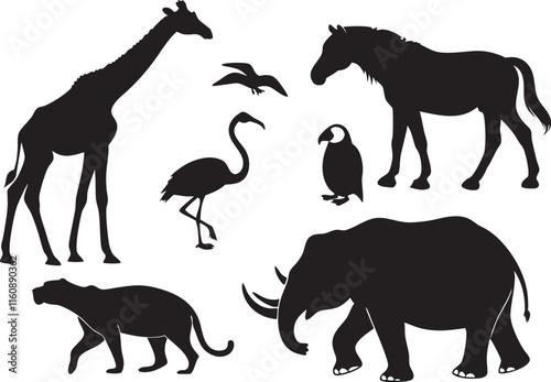 Big set of silhouettes animal safari. African animals group vector silhouette illustration isolated on white background.