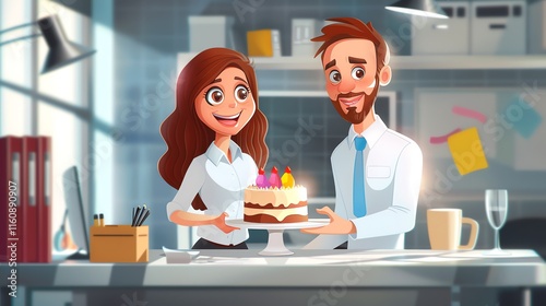 Happy colleagues celebrating birthday with cake in office.