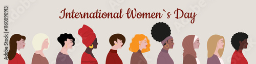 Modern feminine conceptual background for international women's day, month, 8 march. Women of different races in profile. Women's rights movement. Vector illustration