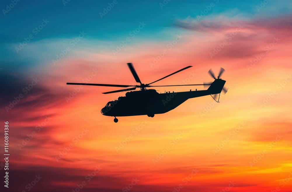 Helicopter Silhouette Against Colorful Sunset Sky Background Helicopter Silhouette Against Colorful Sunset Sky Background
