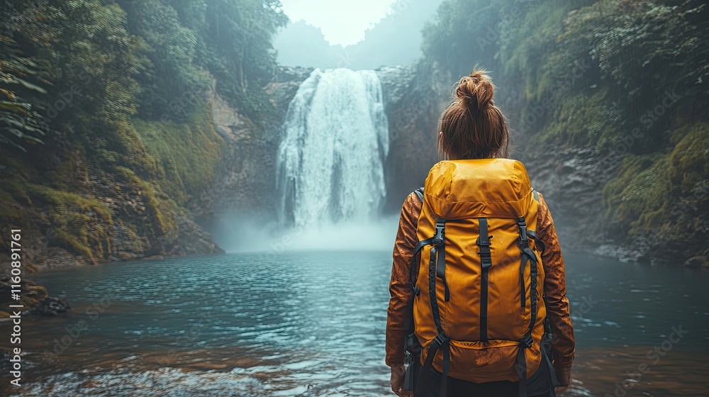 Obraz premium waterfall and selfie with hiking gear for travel freedom or vacation health activity with person on landscape view