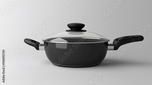 Black saucepan with glass lid and black handles photo