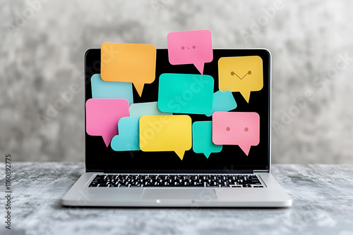 Laptop Screen Overload: Colorful Speech Bubbles on Concrete Background