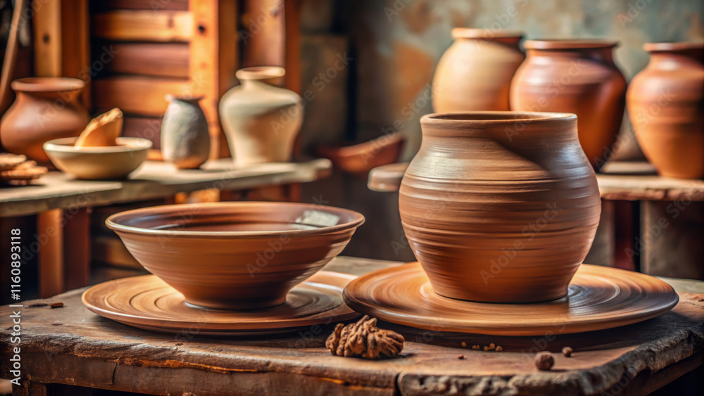 Handcrafted pottery displayed in rustic workshop, featuring bowl and vase on wooden surfaces, showcasing earthy tones and textures. serene atmosphere evokes creativity and craftsmanship Handcrafted pottery displayed in rustic workshop, featuring bowl and vase on wooden surfaces, showcasing earthy tones and textures. serene atmosphere evokes creativity and craftsmanship