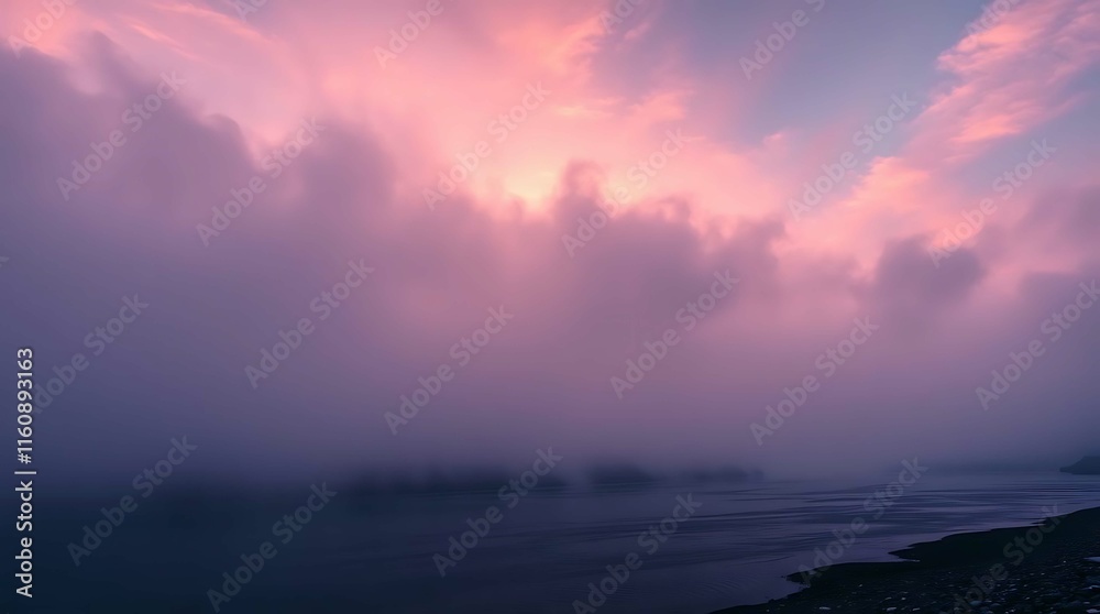 Fototapeta premium A serene landscape featuring a river shrouded in mist, bathed in the soft, vibrant pinks and purples of a sunrise