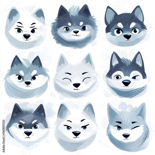 Kawaii Husky Faces in Playful Cartoon Style