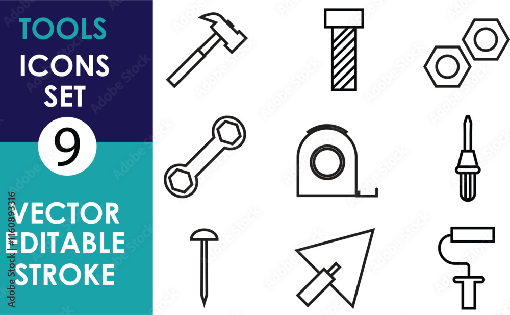 Obraz premium This image displays 9 vector-style editable tool icons: hammer, bolt, hex nuts, wrench, tape measure, screwdriver, nail, cursor and so on