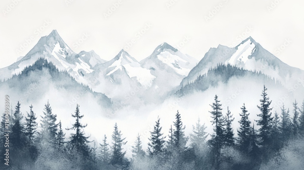 Fototapeta premium Misty Mountain Range Watercolor Landscape Painting