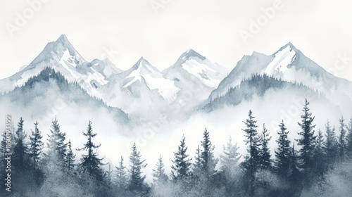 Misty Mountain Range Watercolor Landscape Painting